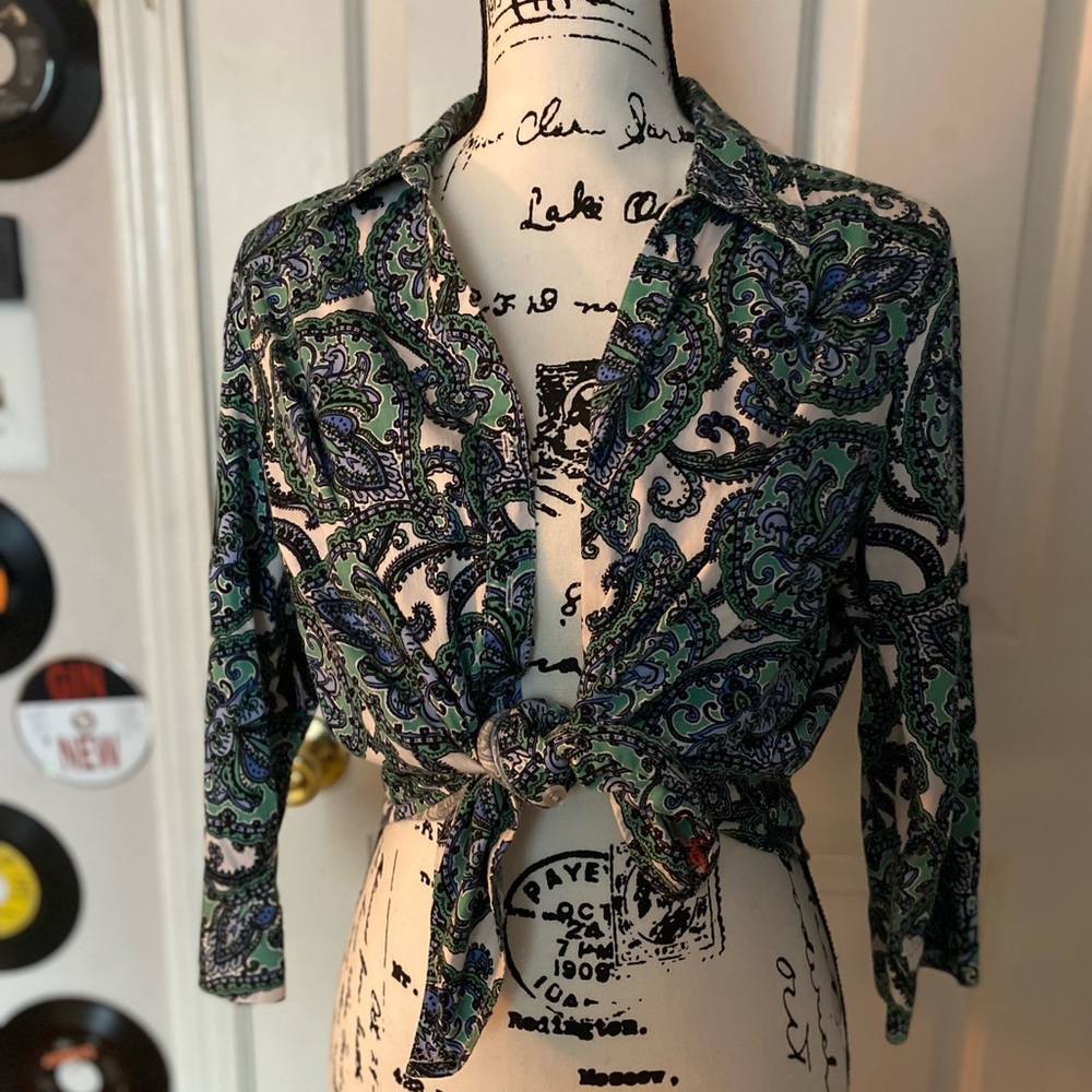 Bandana green blue white print button up